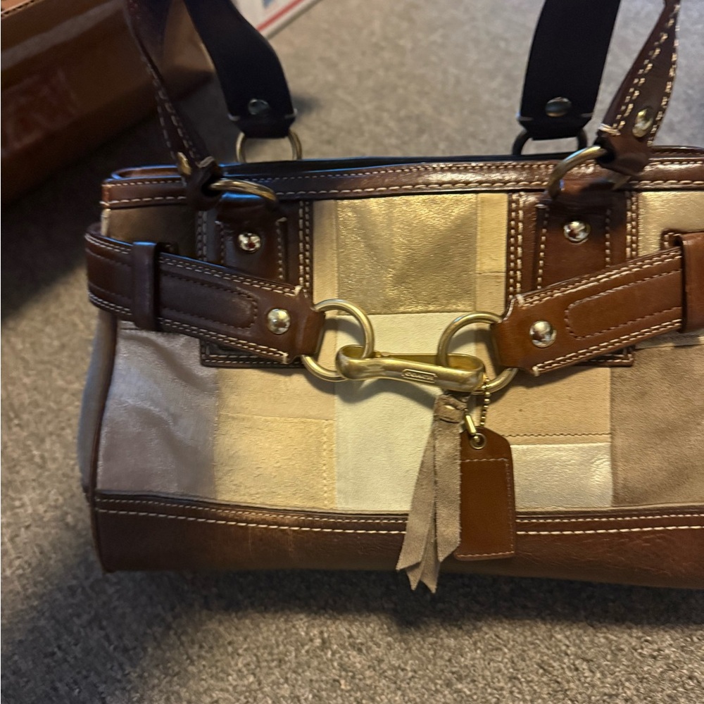 Coach Brown and Gold Patchwork Shoulder Bag.